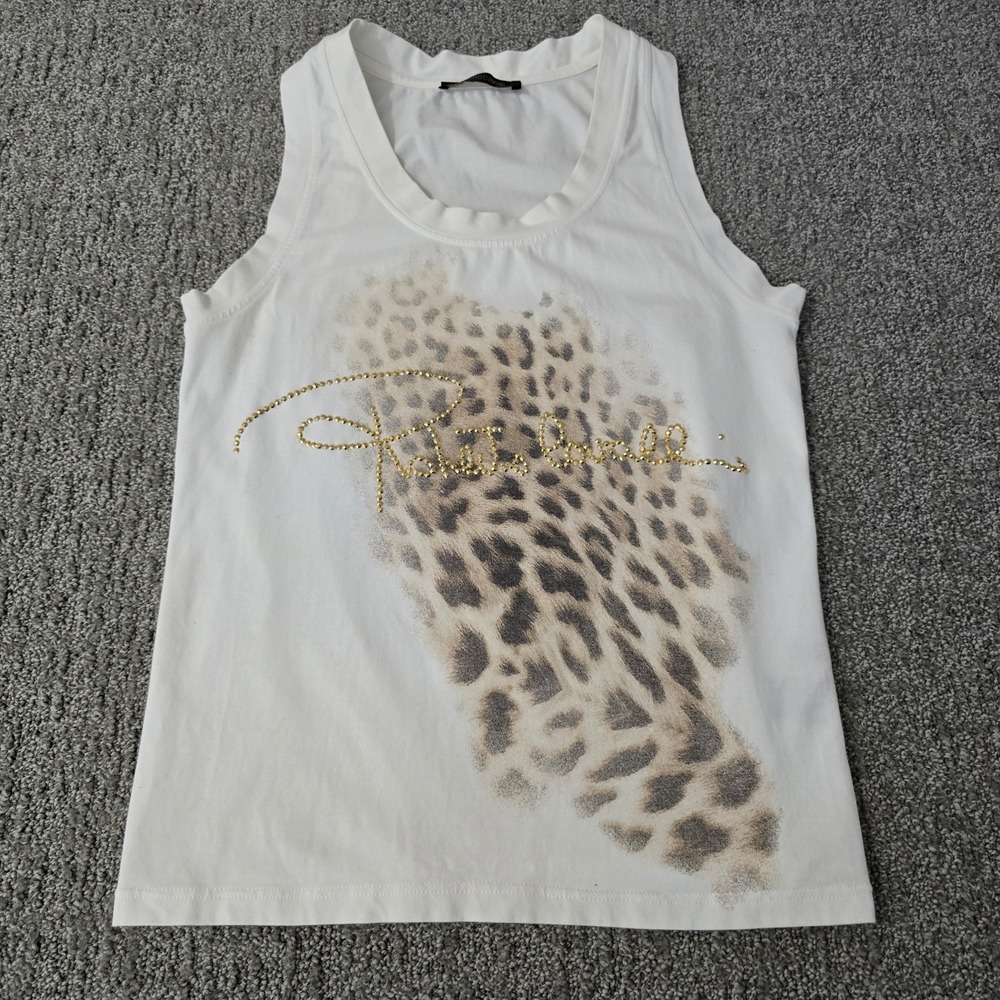 Roberto Cavalli Womens 46 White Leopard Print Gold Stud Logo Tank Top Y2K